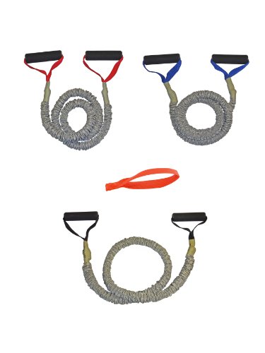 3 FIT CORD Covered Resistance Training Bands PADDED HANDLES, NYLON SAFETY SLEEVE & PREMIUM LATEX EXERCISE TUBE ** 1 MEDIUM, 1 HEAVY & 1 VERY HEAVY TONER WITH DOOR ANCHOR **