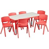 Flash Furniture Adjustable Rectangular Plastic Activity Table Set with 6 School Stack Chairs, 23.625 by 47.25-Inch, Red