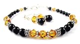 November Yellow Topaz Birthstone Bracelets & Earrings Set: Handmade Sterling Silver Swarovski Crystal Beaded Bracelets and Beaded Earrings with Black Pearls