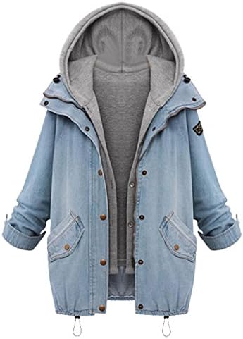 Persun Women Blue Hooded Zipper Rope Long Sleeve Denim Coat