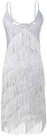 Straip Women's Sequins Deep V-neck 1920s Fringe Flapper Costume Dance Dress, M, Silver