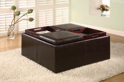 Storage Ottoman with 4 Wood Trays in Dark Brown Finish!