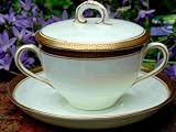 Review royal doulton  / Bouillion Covered Cup + Saucer Black Gilt Greek Key 934