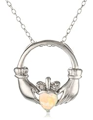 Sterling Silver Diamond Accent and Lab Created Opal Claddagh Pendant Necklace, 18"