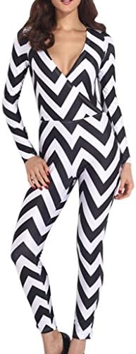 Romanse Women's Fashion Plunge Neck Open Black Weavy Strip Skinny Jumpsuit L