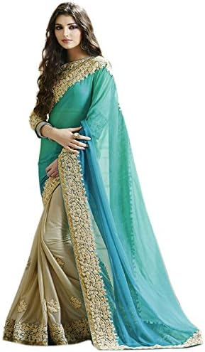 Kenil Fabrics Women's Georgette Saree With Workwear Blouse Free Size Sea-Green And Off-White