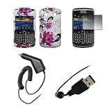 Premium White and Purple Flowes Snap-On Cover Hard Case Cell Phone Protector + Crystal Clear LCD Screen Protector + Rapid Car Charger + USB Data Charge Sync Cable for BlackBerry Bold 9700 [Accessory Export Packaging]