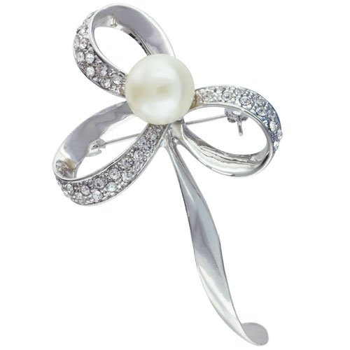Vintage Clover Rhinestone Encrusted Faux Pearl Flower Brooches Pin