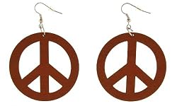 LargePeace Sign Earrings - Round Coconut 2 Inch Diameter - Light Brown