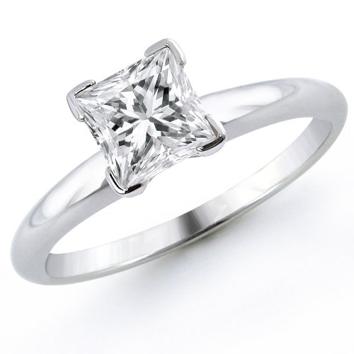 14k White Gold 3/4 Carat Princess Cut Solitaire Diamond Ring - (I-J;I1-I2) Size 10