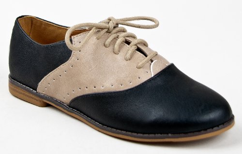 Qupid STRIP-53 Two Tone Lace Up Oxford Flat Shoe