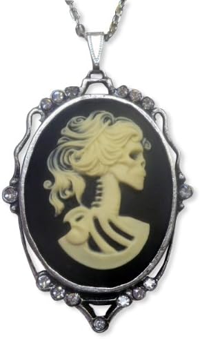 Gothic Lolita Skull Cameo Ivory on Black with Crystals Pewter Pendant Necklace