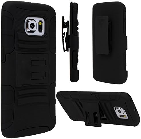Zone Shop Titan Dual Layer Rugged Armor Hard Shell Defender Kickstand Case with Holster Locking Swivel Belt Clip for Samsung Galaxy S6 Edge - Black