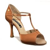 Article 200 - Ladies' Latin Sandal with a 2.5 Inch New Flare Heel in Brown Satin