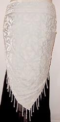 White Burnout Velvet Triangular Hip Scarf/Shawl with Beaded Fringe