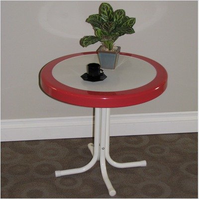 Retro Round End Table in Red Coral and White Metal