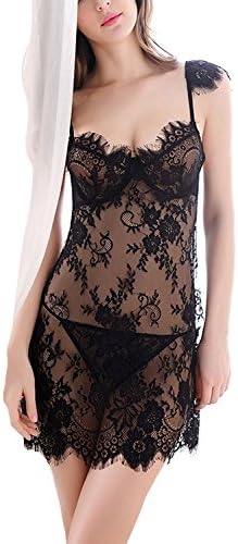 Singlelady Women Sexy Nightwear Outfits Lace Babydolls Lingerie Dress (US S=Tag M, Black)