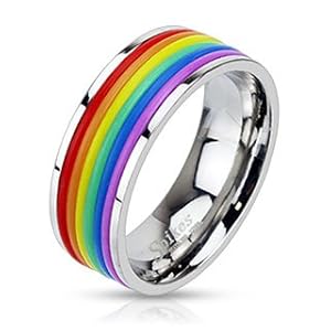 STR-0041 Stainless Steel Rainbow Rubber Striped Band Ring; Comes With Free Gift Box (8)