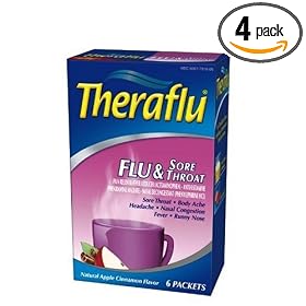 Theraflu Flu & Sore Throat, Natural Apple Cinnamon, 6 packets (Pack of 4)