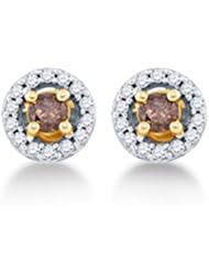 10K Yellow and White Two 2 Tone Gold Round Brilliant Cut Chocolate Brown and White Diamond - Round Shape Halo Prong Set Studs Earrings - (.72 cttw.)