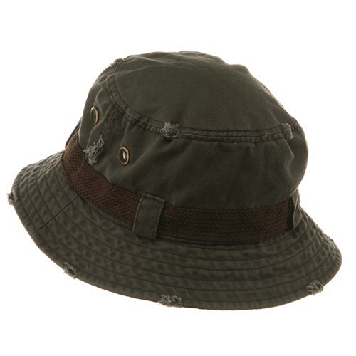 Frayed Cotton Twill Washed Bucket Hat - Olive