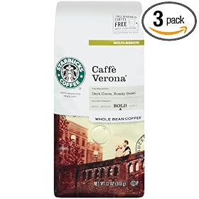 Starbucks Caffe Verona Coffee, Whole Bean,Dark Cocoa, Roasty Sweet,12-Ounce Bags (Pack of 3)