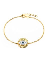 18K Yellow Gold Plated Sterling Silver High Polish Pave Set Cubic Zirconia CZ Evil Eye Round Designer Charm Bracelet with 7"-8" Adjustable Link