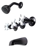 3-handle Tub & Shower Faucet, Oil Rubbed Bronze Finish, Porcelain Handle, Compression Stems - By Plumb USA