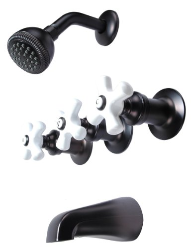 3-handle Tub & Shower Faucet, Oil Rubbed Bronze Finish, Porcelain Handle, Compression Stems - By Plumb USA