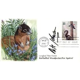 Arte Johnson Signed First Day of Issue Longleaf Pine Forest Red-Bellied Woodpecker
