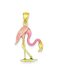 14K Gold Enameled 3D Pink Flamingo Pendant Jewelry