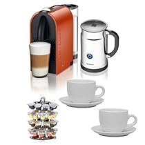                    						Nespresso U D50 Espresso Maker with Aeroccino Milk Frother in Orange + 40 Capsule Carousel + 2 Update International 13 Oz White Tiara Cappuccino Cups
