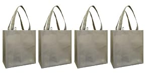 Reusable Grocery Tote w/ 2 Corner Bottle Holders, Oatmeal 4 Pack