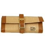 Travel Bag Jewelry Roll Up Leather Tan Brown Gold-Tone Buckle