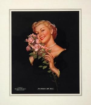 1953 Blond Woman Black Dress Pink Roses Bouquet Print - Original Print