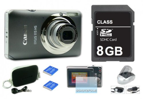Canon Ixus 115 Grau Digitalkamera mit 8 GB SDHC Karte, Tasche, Schutzfolie, 2 x Fremdhersteller AKKUs und Multifunktion Ladegerät anstatt original