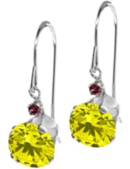 1.65 Ct Round Canary Diamond Red Rhodolite Garnet 14K White Gold Earrings