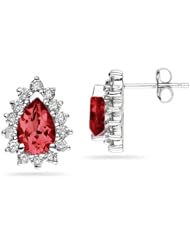 7X5mm Pear Shaped Ruby and Diamond Flower Earrings in 14k White Gold