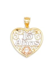 14k Yellow White Gold 15 Anos CZ Heart Flower Pendant