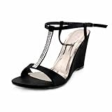 Women's Satin Upper Wedge Heel Pumps Sandals With Rhinestone Wedding Bridal Shoes (Size: 7 B(M) US/Black)