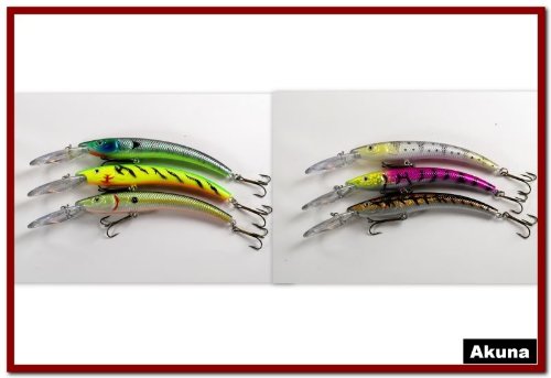 Lot of 6 New Akuna 5.9" Deep Diving Crankbait Fishing Lures for Pike & Bass & Salmon - A