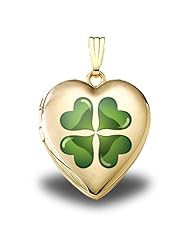 14K Yellow Gold "Green Four Leaf Clover" Sweetheart Locket 3/4 inch x 3/4 inch in Solid 14K Yellow Gold