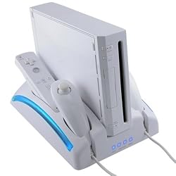 All in 1 Wii Stand Battery Charger Fan Cooler Remote Nunchuk Stand (COOL BLUE GLOWING LEDS) for Nintendo Wii + 2 x Recharge Batteries