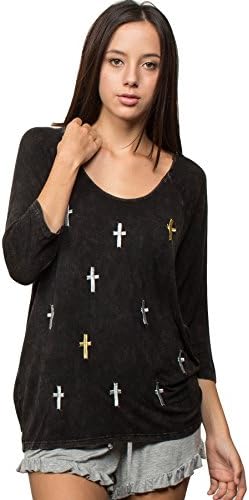 Falling cross embroidered 3/4 sleeve top Large Black