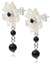 Sterling Silver White Mother-of-Pearl Flower & Black Agate Earrings