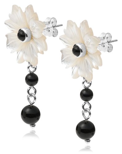 Sterling Silver White Mother of Pearl Flower & Black Agate Earrings