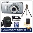 Canon Powershot SD980IS Silver 12MP Digital ELPH Camera with 5x Ultra Wide Angle Optical Image Stabilized Zoom and 3-inch LCD Bundle w/ 4GB SD Memory Card, Reader, Case, Tripod and Lens Cleaning Kit