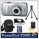 Canon Powershot SD980IS Silver 12MP Digital ELPH Camera with 5x Ultra Wide Angle Optical Image Stabilized Zoom and 3-inch LCD Bundle w/ 4GB SD Memory Card, Reader, Case, Tripod and Lens Cleaning Kit