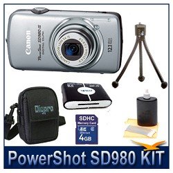 Canon Powershot SD980IS Silver 12MP Digital ELPH Camera with 5x Ultra Wide Angle Optical Image Stabilized Zoom and 3-inch LCD Bundle w/ 4GB SD Memory Card, Reader, Case, Tripod and Lens Cleaning Kit