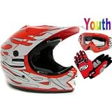 Youth Red Flame Dirt Bike Atv Motocross Off-road Helmet Mx+goggles+gloves (Medium)